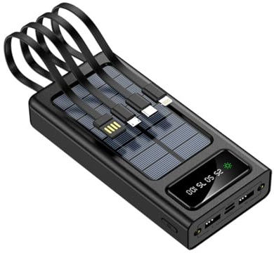 Power Bank portatile a energia solare con cavi integrati, nero, bianco, display a LED, ricarica solare, design compatto da viaggio (nero, milliampere, 20000.0)