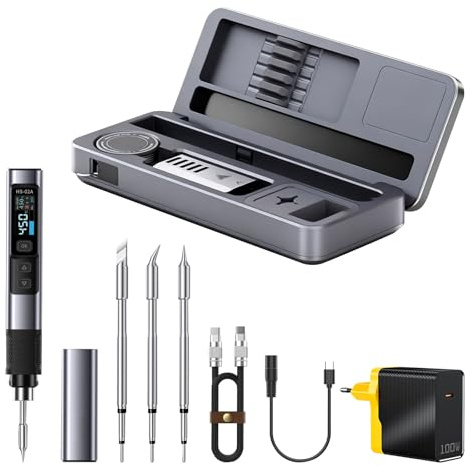 HS-02B Kit de soldador portátil con cable de 100 W, soldador controlado por temperatura, calentamiento rápido 3S, 82.2-450.0 °C, temperatura preestablecida de 3 grupos, 3 puntas de soldadura para