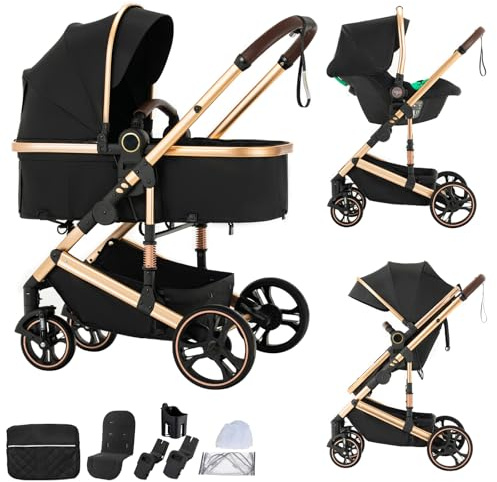 BEBBY Poussette 3 en 1 Poussettes Combinée Portable Pliant en Un,Poussettes Citadines Avec Siège,Paysage Haut Cadre en Aluminium Pour Nouveau-né (H9-BLACK, H9-Pliage)