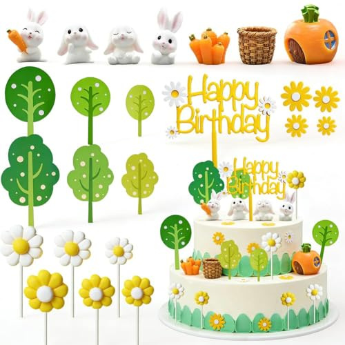 Decorazioni per Torte Coniglietti Pasquali - Topper Torta Giardino con Annaffiatoio, Pala, Alberelli e Fiori - Set Mini Décoration per Torta di Compleanno Primavera, Baby Shower