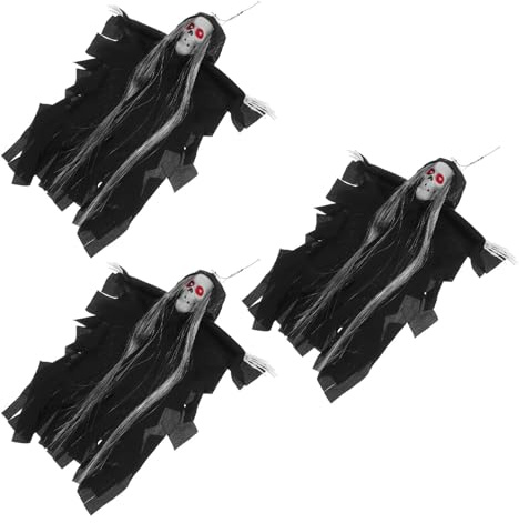STOBAZA 3 Pezzi Figura Appesa di Halloween con Teschio a Chioma Lunga Nera, Attivata Dalla Voce con Occhi Luminosi, Decorazione Spaventosa per Casa Infestata e Giardino
