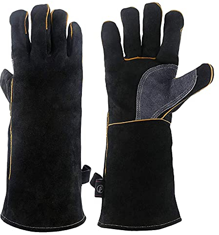 Kim Yuan Extreme Heat & Fire Resistant Gloves Leather with Kevlar Stitching,Perfect for Fireplace, Stove, Oven, Grill, Welding, BBQ, Mig, Pot Holder, Animal Handling, Black-Grey 14in/35cm 1 Pair