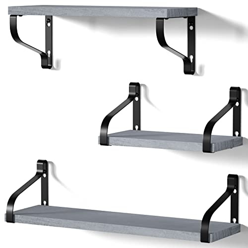 Love-KANKEI Floating Wall Shelves with Brackets, Grey Paulownia Wood | Wall-Mounted Shelf Set, 18 kg Capacity per Shelf, 3 Sizes Included, Three-Way Bracket Mounting, Ideal for Bedroom & Bathroom