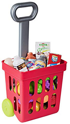 Playkidiz Mini Shopping Cart - Fill and Roll Grocery Basket - 24 Piece Small Toy Shopping Basket and Pretend Food Playset - Grocery, Kitchen and Plastic Food Toys for Toddlers - Size 17 x 8 x 6