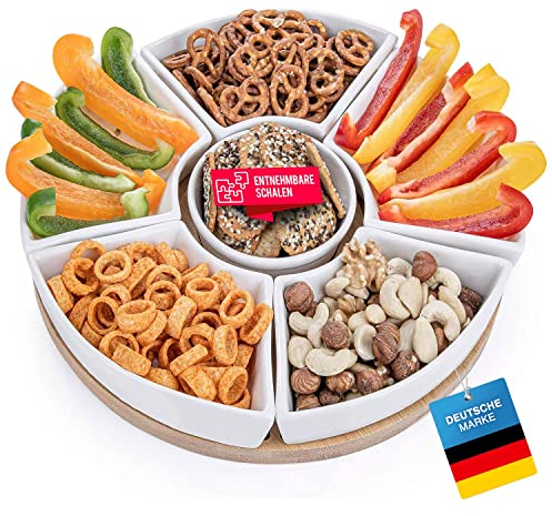 GOODS+GADGETS Plateau à Collation Avec 6 Bols en Porcelaine et Plateau de Service en Bois de Bambou pour Salades, Sauces, Tapas