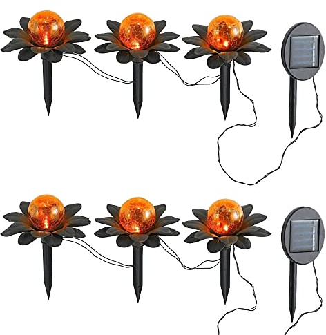 2x 3-LED-Solar-Garten-Außen-Leuchte-Lampe-Spieß FLORA, H: 19,8cm, Metall-Blume rostfarbig D: 14,4cm, Glas-Kugel Bersteinfarbig D: 8cm, Kabel 2 M, Abstand zwischen Blumen 50cm, IP44 (2 x 3er Set)