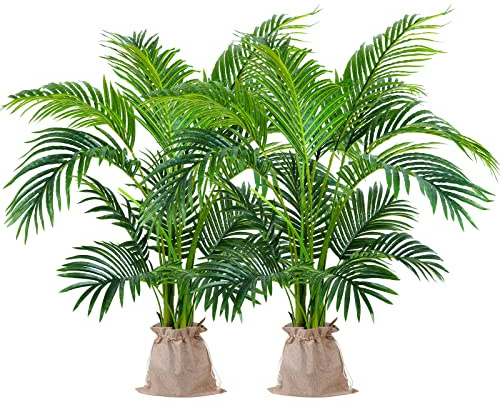Worth Garden 4ft Artificial Areca Palm Plant 2 Packs in Pot, Fake Cane Palm Silk Tree Indoor Outdoor, Dypsis Lutescens, 47in Lifelike Faux Silk Plant Home Decor, Two Linen Bags Included