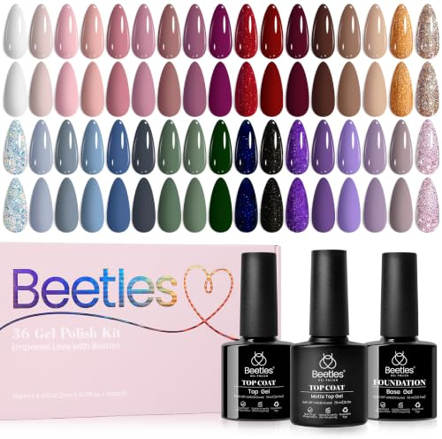 beetles Gel Polish Nail Kit 36 Colors with Base Glossy & Matte Top Coat, 2023 Popular Set Pink Red Green Black All Seasons Solid Sparkle Glitters Gift, Pack of 1