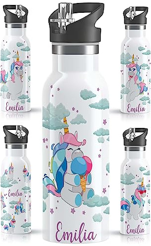 OWLBOOK® Kinder Edelstahl Trinkflasche mit Strohhalm 500 ml | Spülmaschinenfest & BPA Frei | Personalisierte Geschenke für Mädchen Einschulung Geburtstag Schulanfang Weihnachten | Einhorn mit Eis