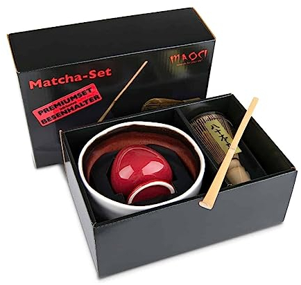 MAOCI Matcha Tee Set vierteilig (hell) mit Matchaschale, Matchabesen, Besenhalter und Matchalöffel - Geschenkkarton