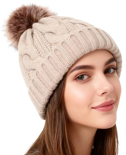 Winmany Gorro de invierno cálido para mujer, gorro de punto con pompón, gorro de esquí para mujeres y niñas, Beige, talla única