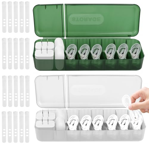 VFANDV Boite Rangement Cable 2 Pièces, Organisateur de Câbles avec 7 Compartiments et 20 Serre-Câbles Boîte de Rangement pour Câbles de Charge Boite Rangement Cable et Chargeur pour Bureau Tiroir
