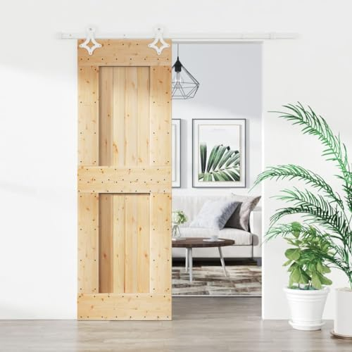 Baziroo Schiebetür mit Beschlag Weiß 70x3,6x210 cm Massives Kiefernholz und Stahl Scheunentor Holztuer Innentüren Wooden Door Sliding Door Schibetür Wohnzimmertuer Zimmertüren