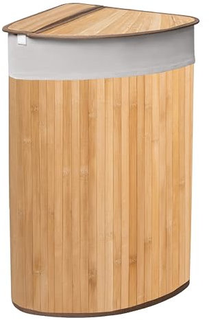 KNIGHT 57L Bamboo Laundry Hamper, Corner Laundry Basket with Swing Lid, Removable & Washable Lining, Easy to Assemble & Foldable Storage Bin,35x35x60 (Natural)