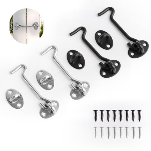 4Pcs Hook and Eye Latch Set, 100mm Swivel Barn Door Lock, Stainless Steel Sliding Storm Hook, Heavy Duty Gate Hook Lock with Screws, Privacy Cabinet Lock Latch, Shed Door Hook for Window Garage Closet