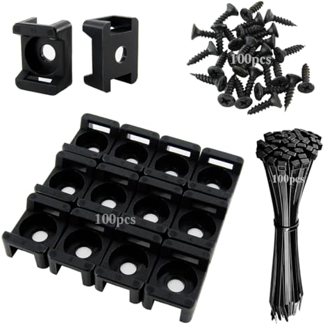Kabelbindersockel 21.5x16mm mit Schraublöchern, 150 mm Nylon Kabelbinder und Schrauben, Je 100 Stück, Kabelklemmen für Sockel, Schreibtisch Kabel Befestigung, Kabelmanagement, Schwarz