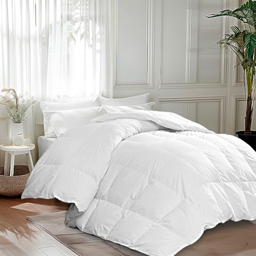 Martha Stewart Goose Feather Down Fiber Cotton Comforter Queen Size, Feather Duvet Insert Queen, Hotel Collection Hypoallergenic Comforter 50oz Light Warmth 90 x 90 Inch White