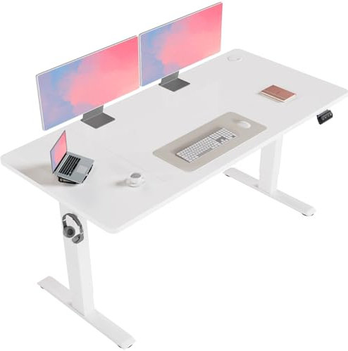 Flamaker Höhenverstellbarer Schreibtisch 140x60 cm, Elektrischer Schreibtisch Höhenverstellbar für Steh-Sitz, Computertisch mit Memory-Funktion, Stabiler Tisch Standing Desk, Bürotisch,Weißlich