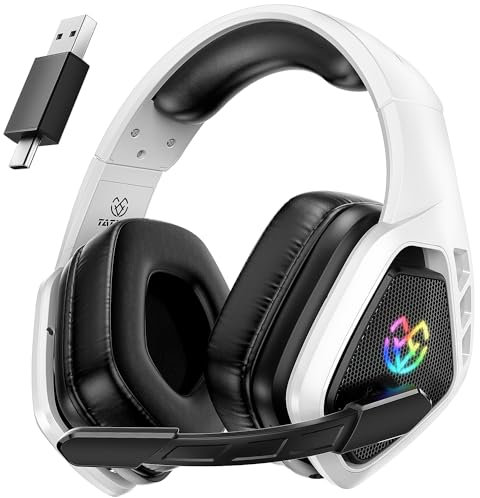 Tatybo Casque Gaming sans Fil pour PC, PS5, PS4, 2,4 GHz USB et Type-C avec Microphone, Batterie 40H, Casque Bluetooth pour Switch, Ordinateur Portable, Mobile, Mac, Noir et Blanc
