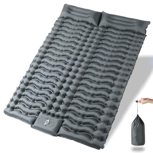 YuanDiann Camping liggunderlag självuppblåsande för 2 personer 200 x 140 cm ultralätt tjock bekväm luftmadrass uppblåsbar dubbel madrass tält sovmatta med fotpump och kudde grå