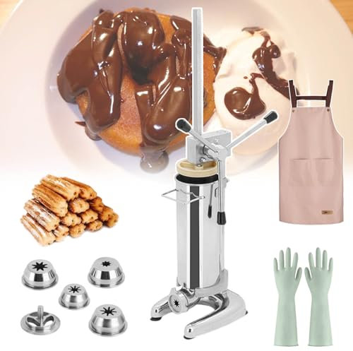 GLJTUO Máquina para Hacer Donuts, Churros Manual, 1 Delantal, 5 Moldes Y 4 Pares De Guantes, Acero Inoxidable, Apta para Pastelerías, Cafeterías, Restaurantes Escolares Y,3L