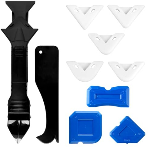 lotsdonxia 3-in-1 Silicone Caulking Tool Kit 9-Piece Sealant Remover & Finishing Set for Bathroom, Kitchen, Sink Tiles – Stainless Steel Scraper, Reusable Pads, Anti-Rust (125g)