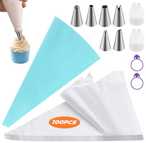 Poche a Douille Patisserie 111PCS, 6 Douilles Patisserie et 1 Poches à Douille en Silicone Réutilisable, DIY Patisserie Accessoire Kit Professionnelle pour Décoration de Cupcake et Muffins Gâteaux