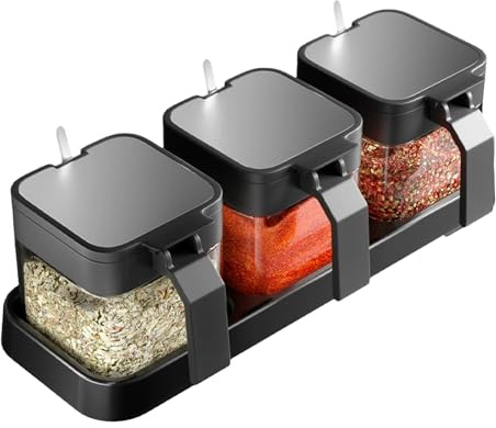 AOWVUTS Juego de 3 Tarros para Especias con Bandeja Botes Especias Cristal Tarros de Especias con Cuchara y Tapa Contenedor de Almacenamiento para Azúcar Sal Utensilios de Cocina