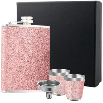 1 petaca de acero inoxidable con embudo y 2 tazas pequeñas, 227 ml de capacidad, para hombres y mujeres para whisky, ron y vodka, regalo (rosa)