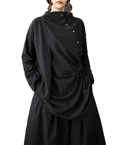 ellazhu Chemise Femme Unie Col Montant Manches Longues Ourlet Irrégulier Grande Taille Décontractée Mode Maxi GZ584 A