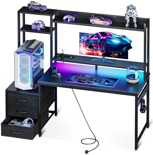 Coleshome Gaming Desk with Drawers & Display Shelves, 120×48 cm Computer Desk with LED Lights & Sockets, Reversible PC Gaming Table with Monitor Stand, Carbon Fiber Black