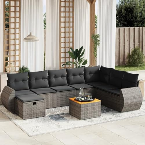 QJBSAVVA Ensemble de 9 meubles de jardin gris en rotin PE résistant aux intempéries avec table en bois d'acacia - Groupe de sièges modulaire pour extérieur, balcon, terrasse, petit jardin