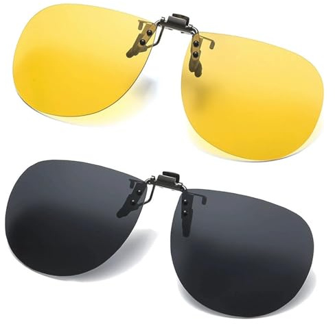 Eulihent 2 Pack Clip On Sunglasses Polarised Sunglasses Men Women Clip On Night Driving Glasses for over glasses Flip-Up Anti Glare Round Sun Glasses UV400 for Driving Fishing Outdoor (Yellow, Black)