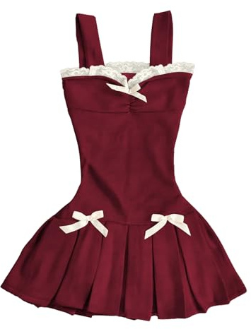 OYOANGLE Women's Sleeveless Pleated Mini Dress Lace Trim Wide Strap Bodycon Y2K Coquette Going Out Dresses Red Medium