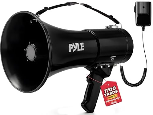 Pyle 50W Portable Megaphone Bullhorn Speaker– Alarm Siren, Adjustable Volume up to 1700 Yards, Aux Input & USB/TF Playback, Lightweight for Indoor & Outdoor Activities, Sports & Emergency Drills–Black