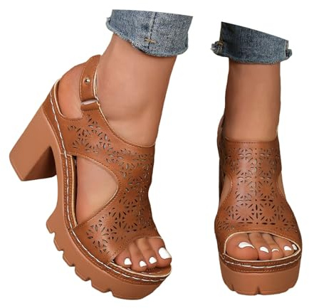Sandali traforati con punta aperta e tacco grosso, scarpe casual estive spiaggia (Brown, 36)