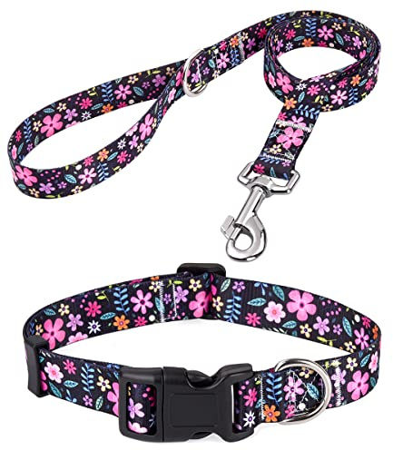 Mihqy Dog Collar and Leash Set, for Large Dogs, Floral Set,L | with Floral Patterns, Adjustable for Small Medium Large Dogs, Comfortable for Walks and Outdoor Hikes