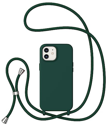 ZTOFERA Crossbody Lanyard Case for iPhone 12/12 Pro, Liquid Silicone Protective Phone Case with Strap Adjustable Neck Cord Necklace Soft Cover, Dark Green