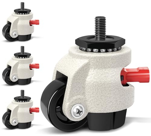 W B D WEIBIDA Leveling Stem Caster Wheels with Upgraded Ratchet Arm, Thread Stem Casters M12-1.75x25mm, Heavy Duty Retractable Casters Set of 4, Durable Rubber Base & Nylon Wheels for Workbench