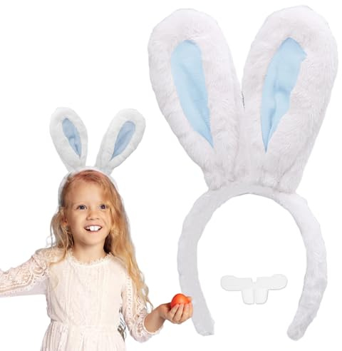 Oreilles de Lapin pour Enfants Adultes, Serre-Tête Pâques Oreille Lapin Peluche Bandeau Filles Animal Dents de Lapin Accessoires Cosplay Déguisement Lapin Chasses Aux œufs Costume (Bleu Blanc)