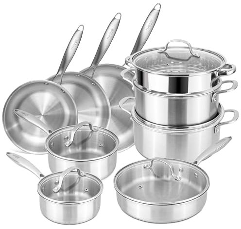 Stainless Steel Pots and Pans Set – 14pcs Cookware with Glass Lids – Induction Hob Pot Set – Cooking Saucepan Pots & Frying Pan Set – by Nuovva