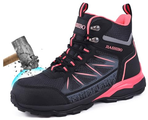 Delobi Damens Sicherheitsschuhe Arbeitsschuhe mit Stahlkappe Wasserdicht Rutschfeste Durchtrittsicher Atmungsaktive High-Top Sicherheitsstiefel für Industrie Handwerk Schwarz Rosa 38