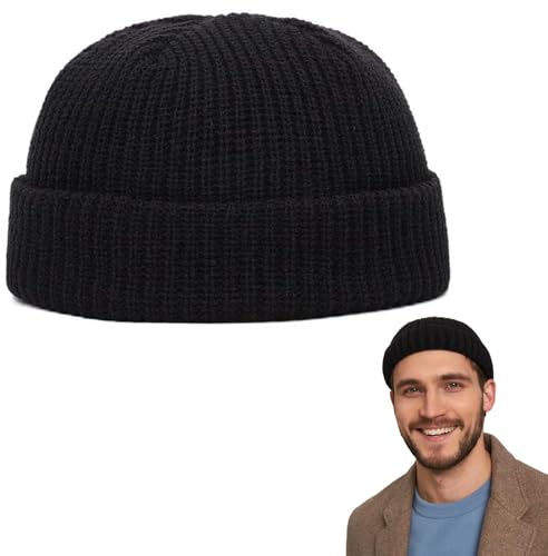 Comioke Fisherman Beanie, Berretto Beanie in Maglia Termica, Cappello Lavorato a Maglia, Berretto Invernale, Cappello Invernale - Nero