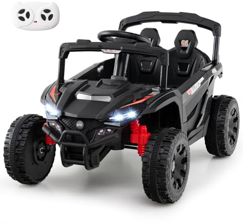 GOPLUS Elbil för barn, elfordon 12 V, UTV-lastbil med musik, horn, strålkastare och fjärrkontroll, barnfordon med ratt och pedal, barnbil för barn från 3 år (svart)