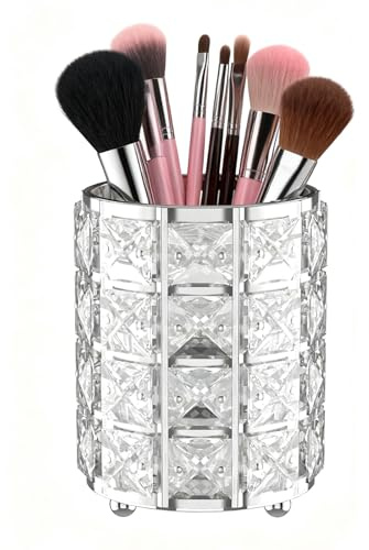 LUGUNU Makeup Brush Holder with Silver Crystal Bling – Elegant Vanity Organizer for Brushes, Pens & Pencils, Ideal for Bathroom or Office Countertop(1Pack)