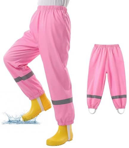 WUDEUI Waterproof Trousers Kids, Lightweight Rain Overtrousers for Boys Girls, Mud Proof Rainy Pants with Reflective Strip for Toddler Children Age 3-10 Years School Outdoor Play