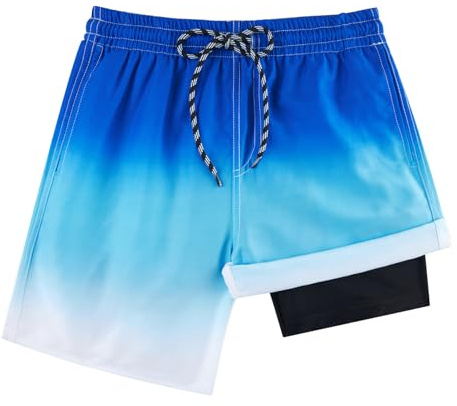 Fanient Boys Swim Trunks with Compression Liner 2 in 1 Swimming Shorts for Teens Blue Surf Shorts 14-16 Years,14T