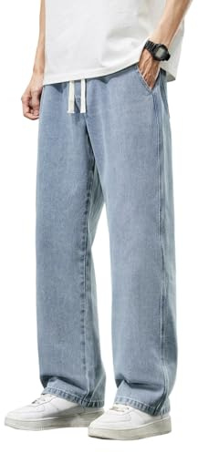 Zewool Pantalones vaqueros para hombre con cintura elástica y cordón, piernas holgadas rectas, denim ligero extremadamente suelto