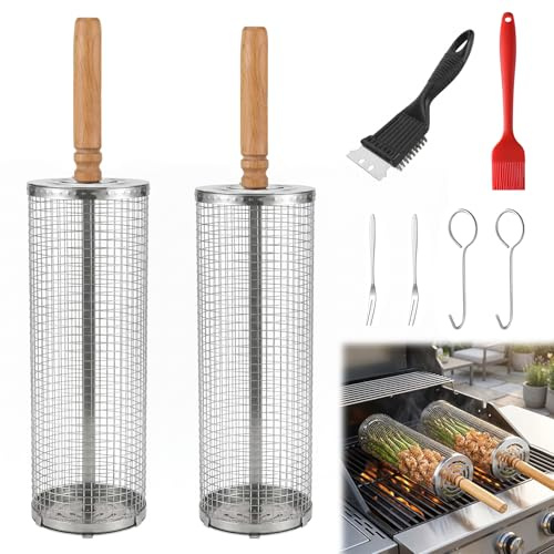 Dcceeo Cesta de Parrilla Rodadiza, 2 Piezas Cesta Parrilla Barbacoa con Mango Extraíble y Cepillo de Limpieza Utensilios Barbacoa Inoxidable Apilable para Verduras, Carnes, Mariscos, Regalo Hombres