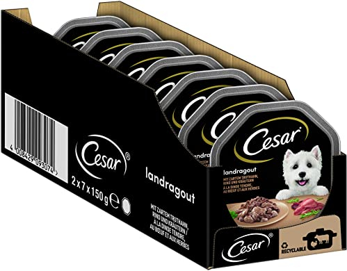 Cesar Hundefutter Nassfutter Landküche Pute & Rind, 7 er Pack, (7 x 2 Schalen x 150 g)